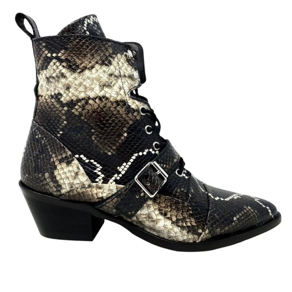 AllSaints Katy Snake Embossed Leather Lace Up Buckle Western Ankle Boots 9